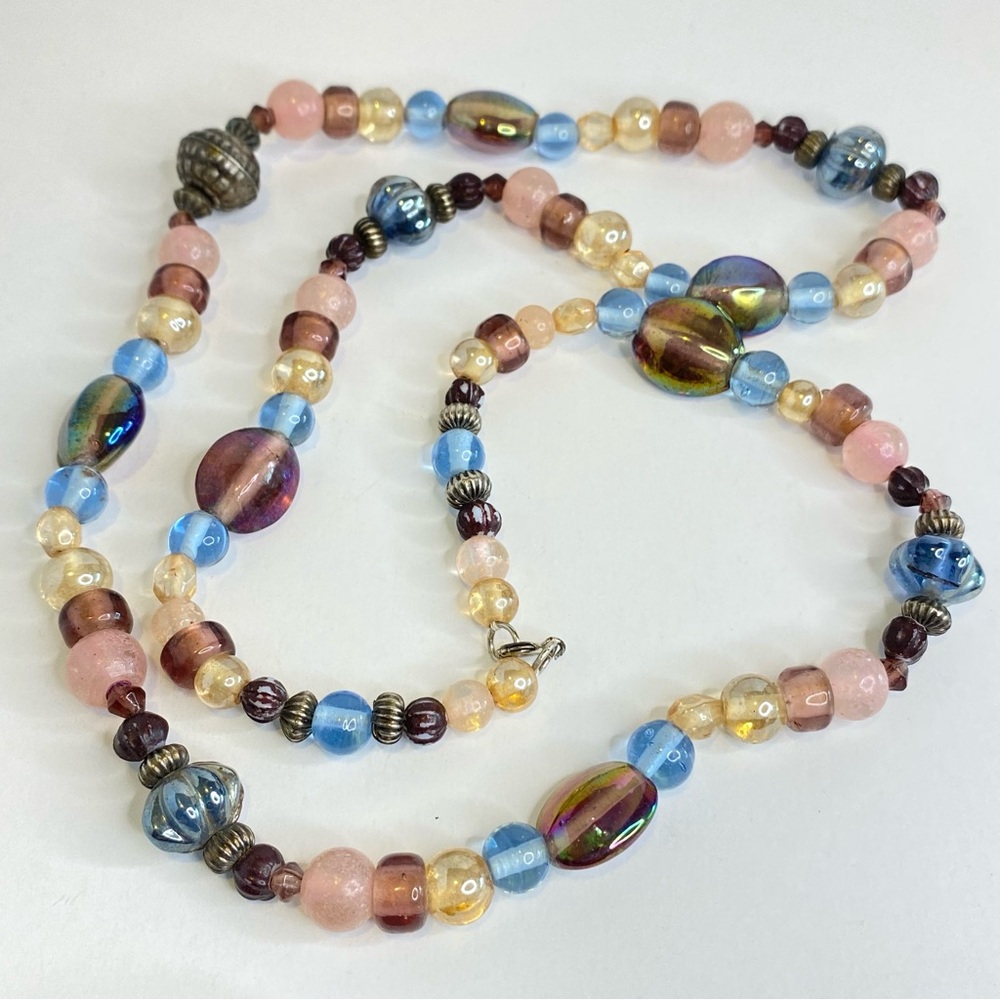 Vintage Lampwork Art Glass Bead Necklace Peacock Pink Purple Blue Silvertone 28"